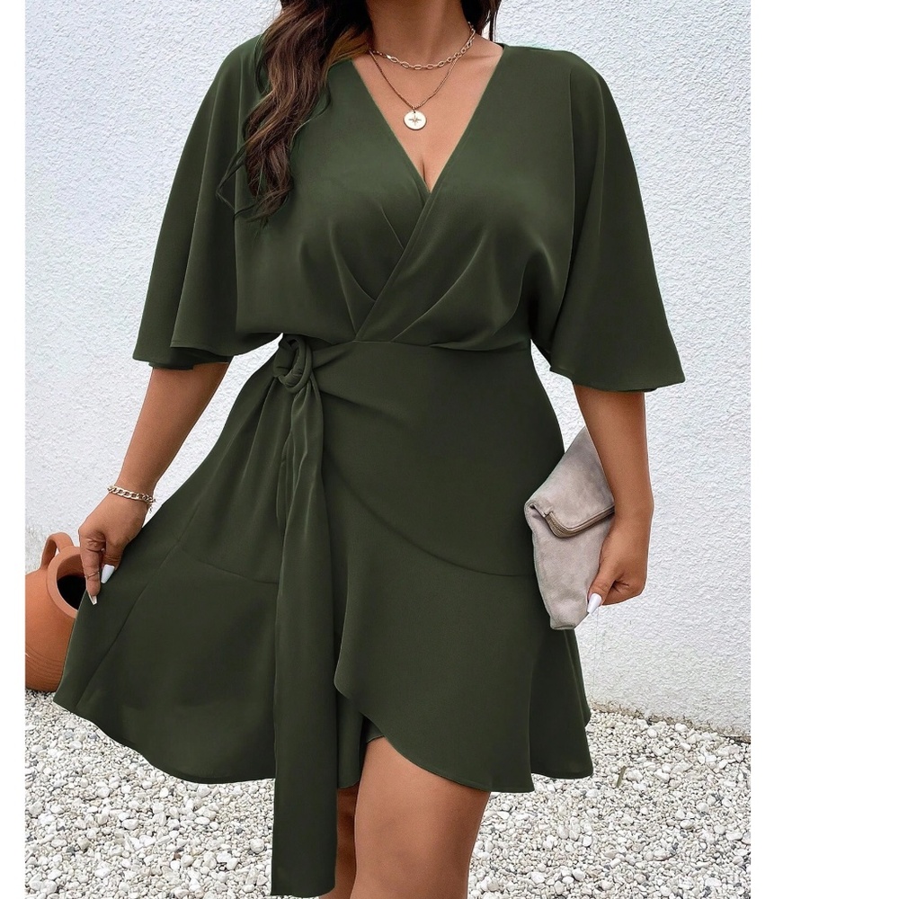 Plus solid Batwing Sleeve Ruffle Hem Mini Dress - Picture 6 of 13
